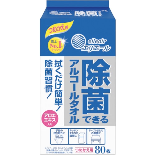 トラスコ中山 エリエール 除菌できるアルコールタオル つめかえ用 80枚(ご注文単位1ケース)【直送品】