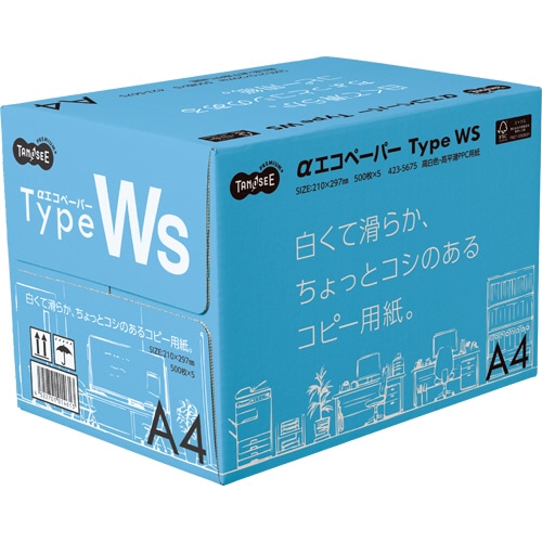 TANOSEE αエコペーパー タイプWS 白くて滑らか、ちょっとコシのあるコピー用紙。 A4 500枚 5冊/箱(ご注文単位1箱)【直送品】