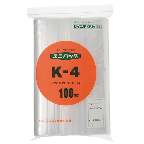 セイニチ ユニパック チャック付 ポリエチレン ヨコ280×タテ400×厚み0.04mm K-4 100枚/袋（ご注文単位1袋）【直送品】
