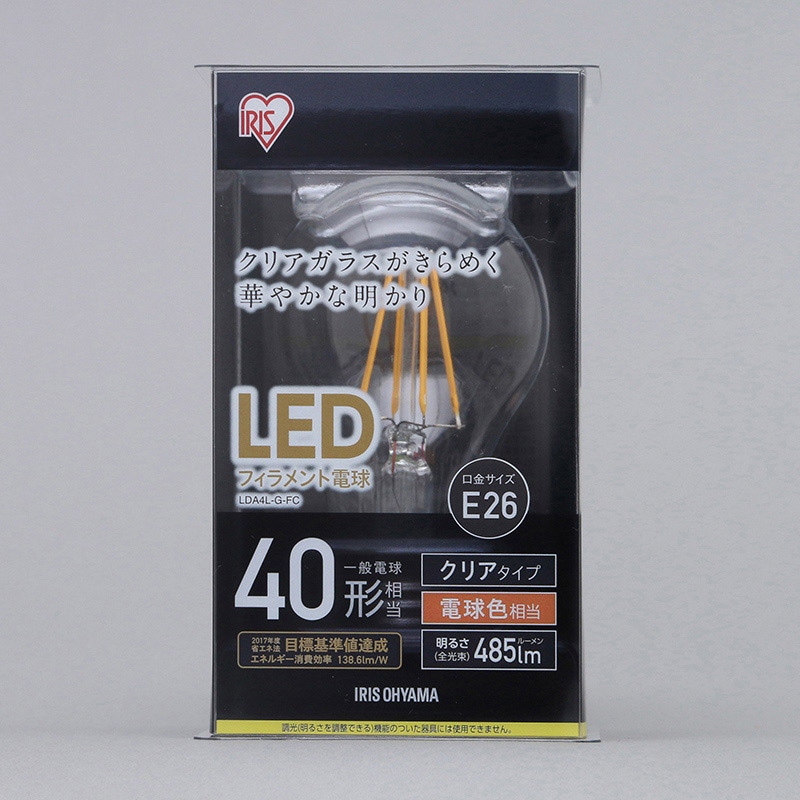 アイリスオーヤマ LEDフィラメント電球 E26口金 全方向タイプ クリア 40形 電球色 LDA4L-G-FC 1個(ご注文単位1個)【直送品】