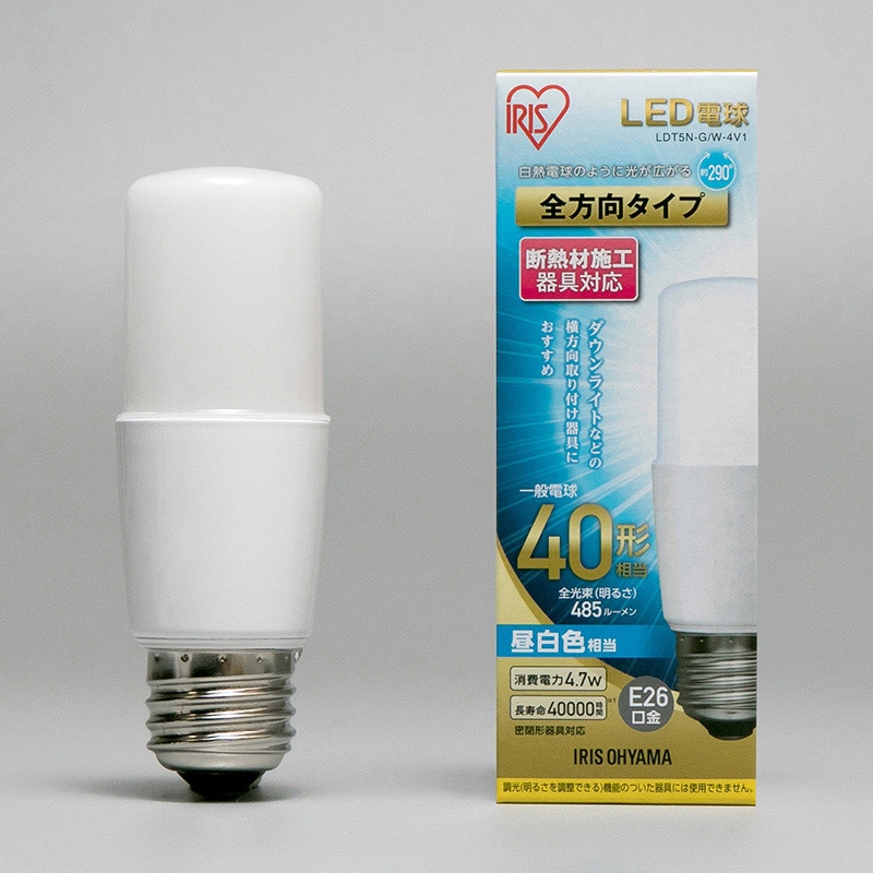 アイリスオーヤマ LED電球 E26口金 全方向タイプ T形 40形 昼白色 LDT5N-G/W-4V1 1個(ご注文単位1個)【直送品】