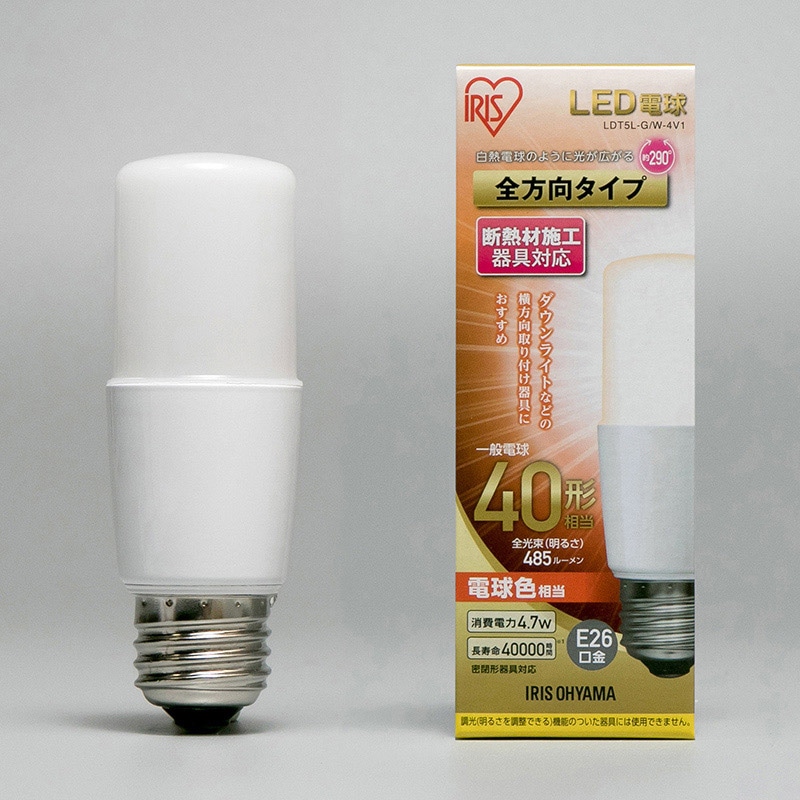 アイリスオーヤマ LED電球 E26口金 全方向タイプ T形 40形 電球色 LDT5L-G/W-4V1 1個(ご注文単位1個)【直送品】