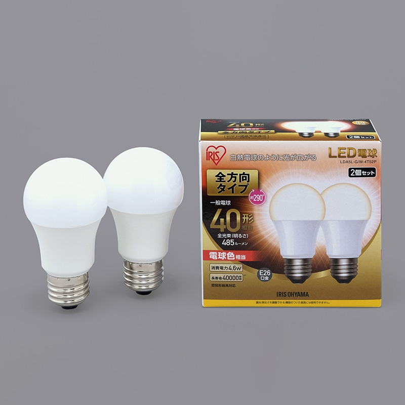 アイリスオーヤマ LED電球 E26口金 全方向タイプ 2個セット 40形 電球色 LDA5L-G/W-4T52P 1個(ご注文単位1個)【直送品】