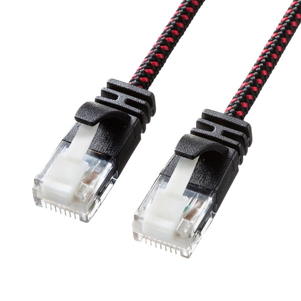 サンワサプライ 細径メッシュLANケーブル つめ折れ防止 カテゴリ6A ブラック&レッド 3m KB-T6AME-03BKR 1個（ご注文単位1個）【直送品】